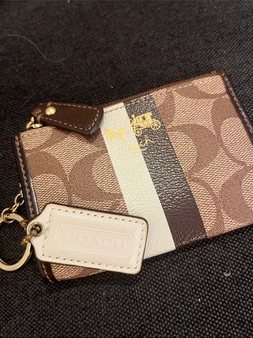 Coach Mini Card Case in Brown Signature Canvas with Cream & Dark Brown Stripe - Picture 2 of 3